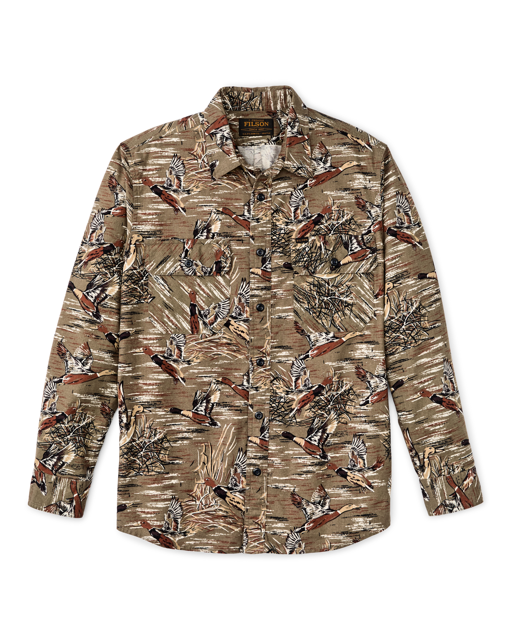 Front-facing image of the Filson Field Flannel Shirt - Brown / Marsh Mallards