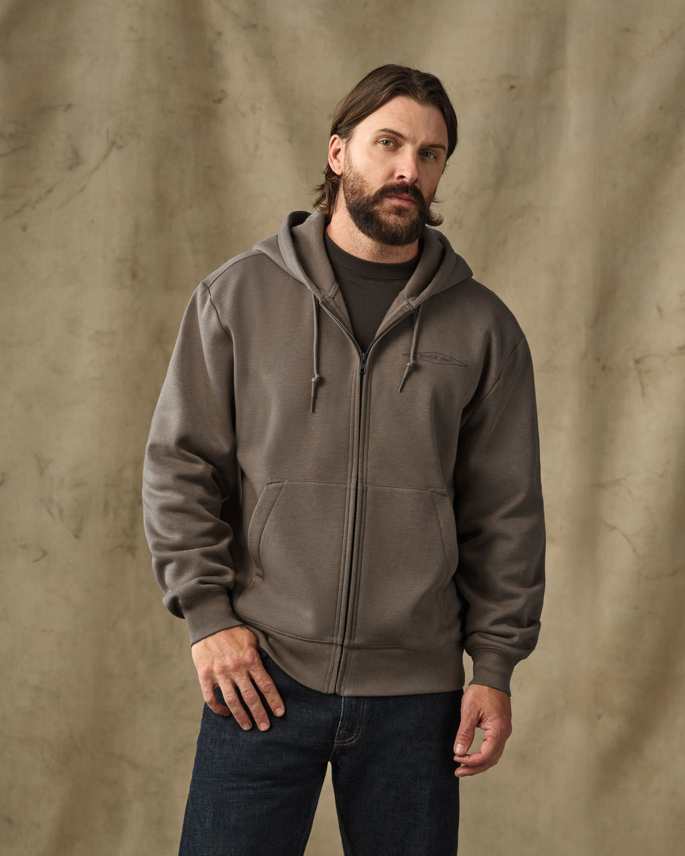 image of a model wearing Filson's Diamond Graphic Full-Zip Hoodie - Hawk Brown
