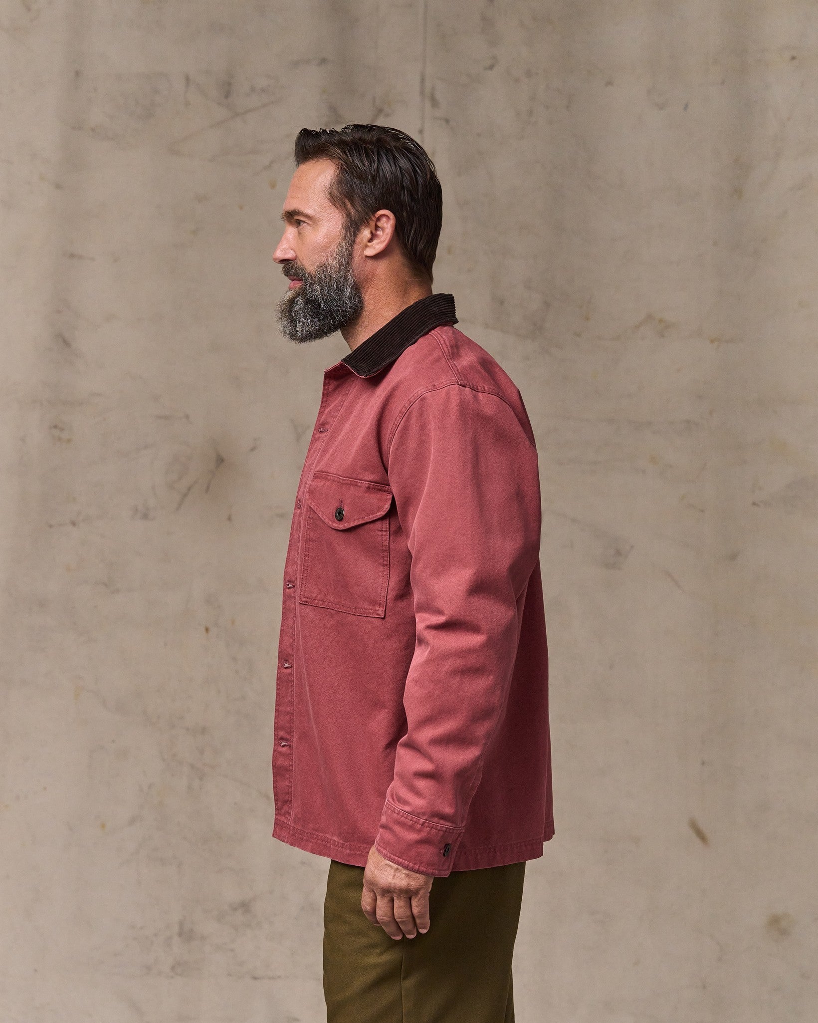 image of a model wearing Filson's Rustic Canvas Jac-shirt - Red Rock