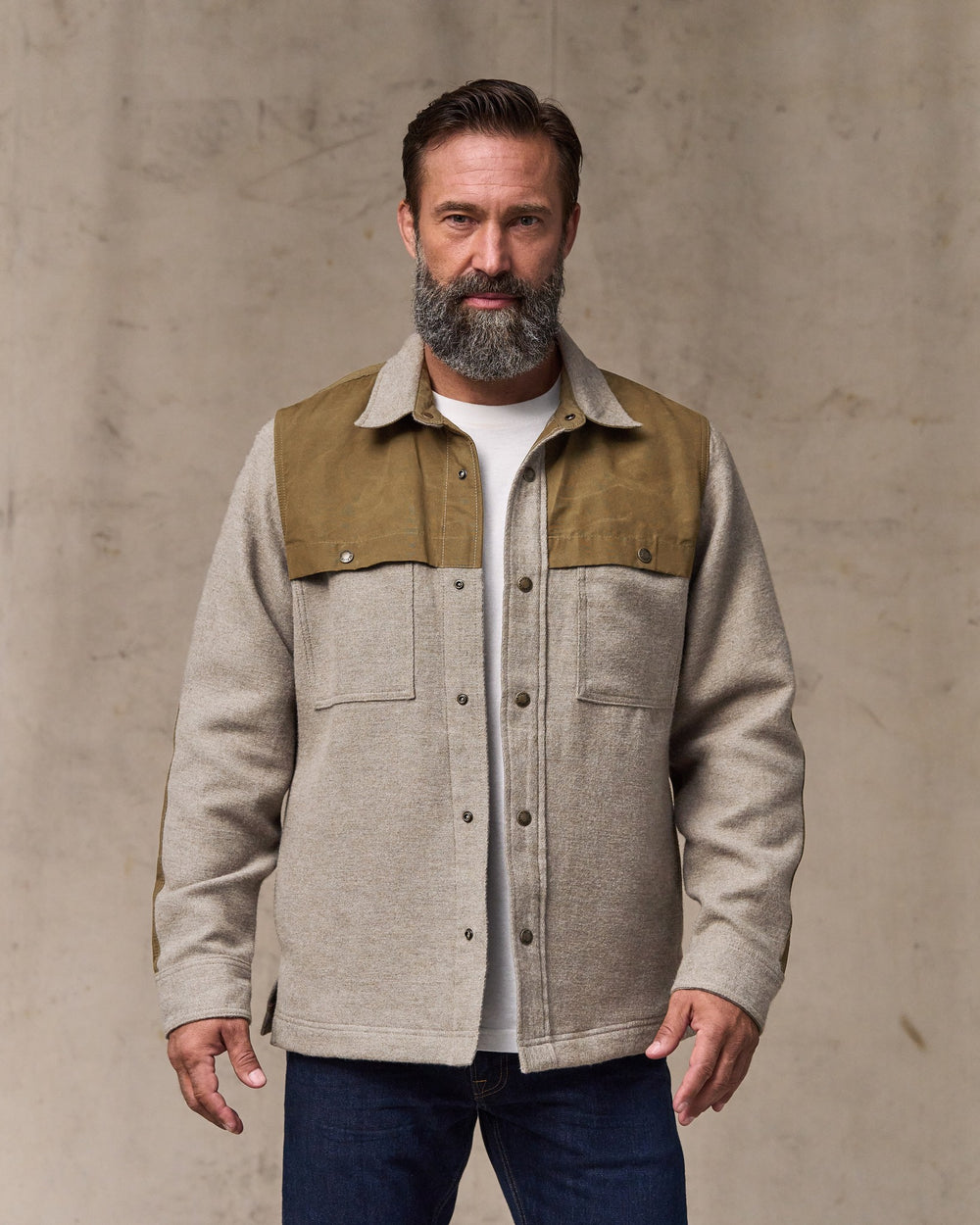 image of a model wearing Filson's Colchuck Forester Jac-shirt - Ash Heather