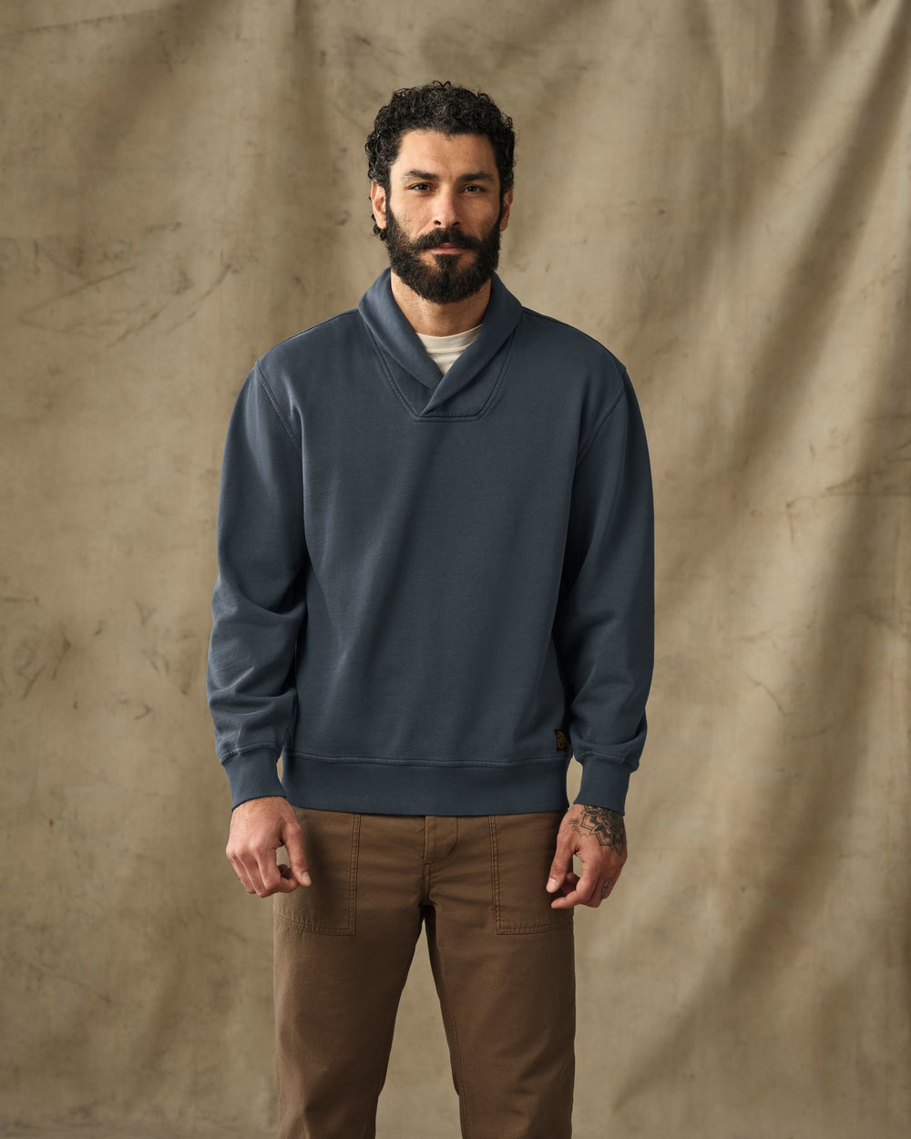 image of a model wearing Filson's Field Knit Shawl-Neck Sweatshirt - Bluefin