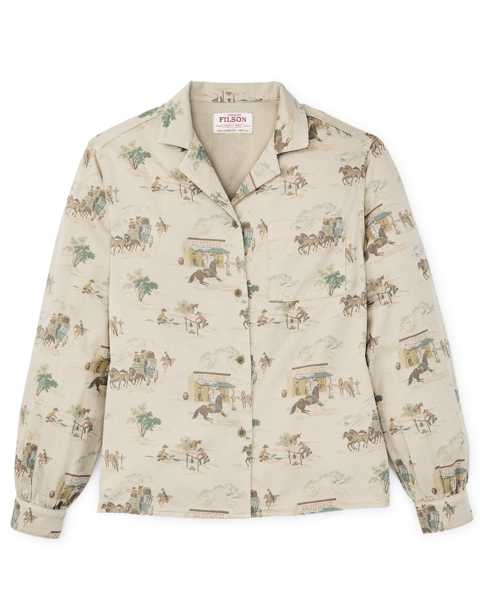 Front-facing image of the Filson Women's Long Sleeve Twill Camp Shirt - Desert Green / Print