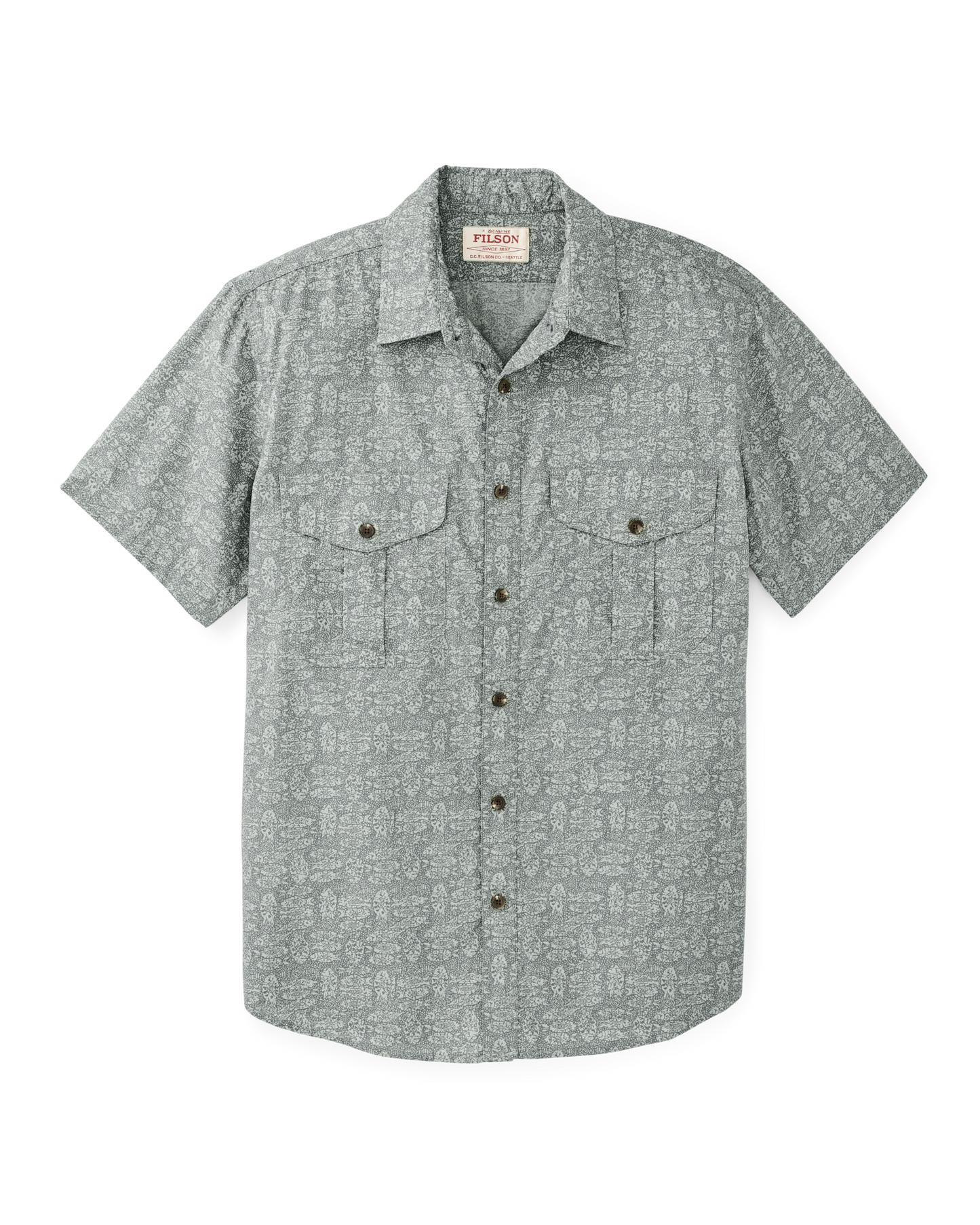 Front-facing image of the Filson Filson's Washed Short Sleeve Feather Cloth Shirt - Khaki / Print