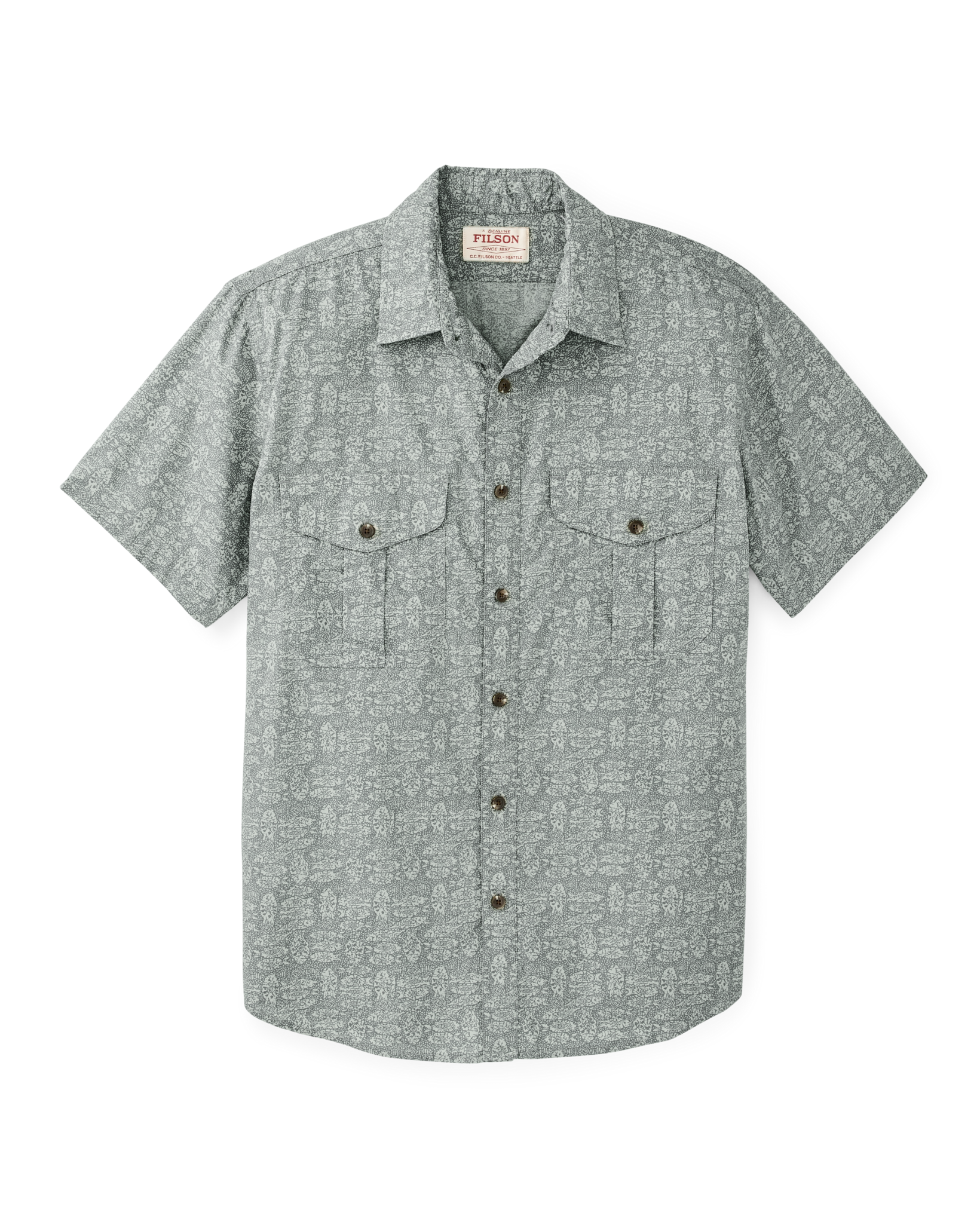Front-facing image of the Filson Filson's Washed Short Sleeve Feather Cloth Shirt - Khaki / Print