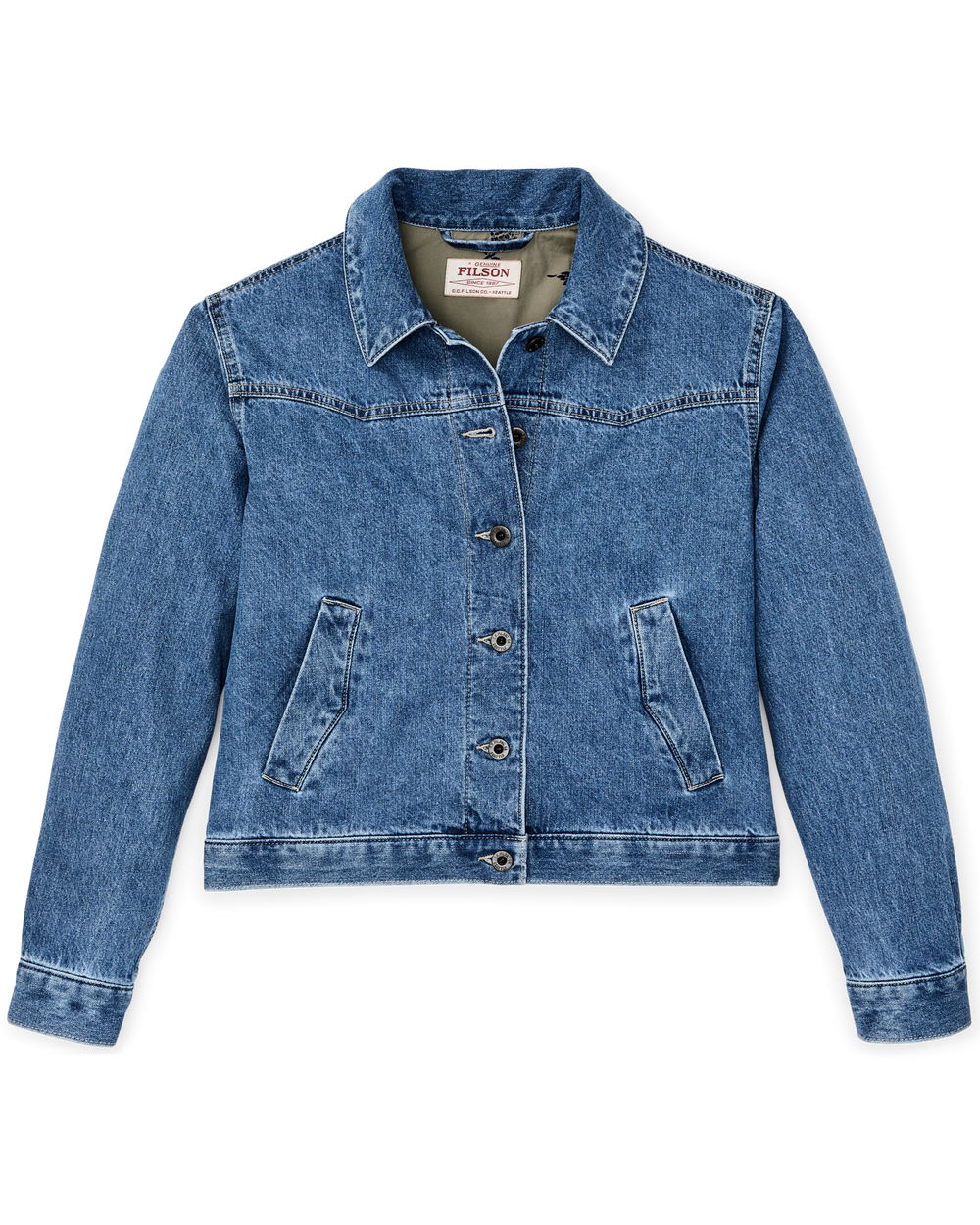 Front-facing image of the Filson Women's Western Denim Jacket - Light Indigo