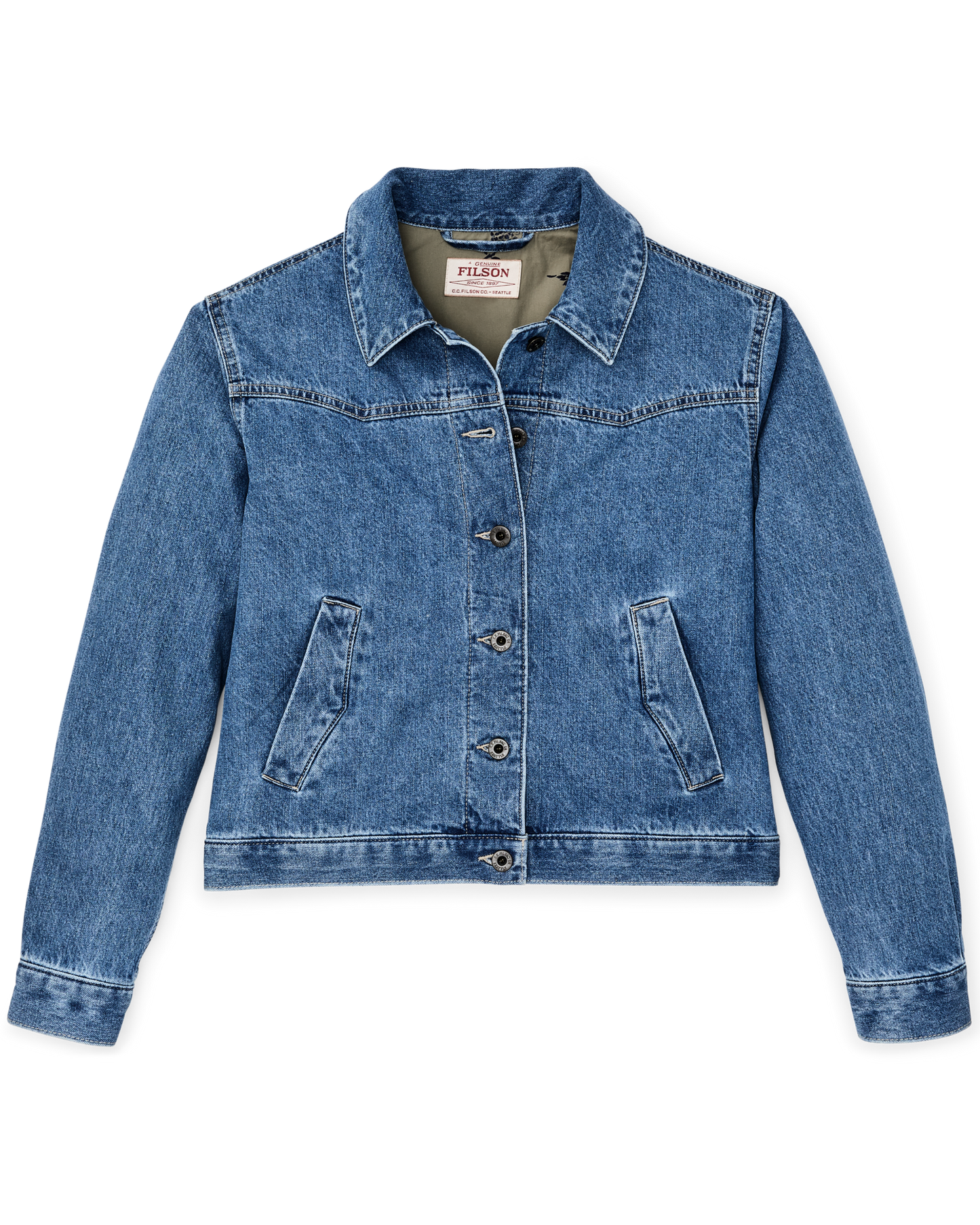 Front-facing image of the Filson Women's Western Denim Jacket - Light Indigo