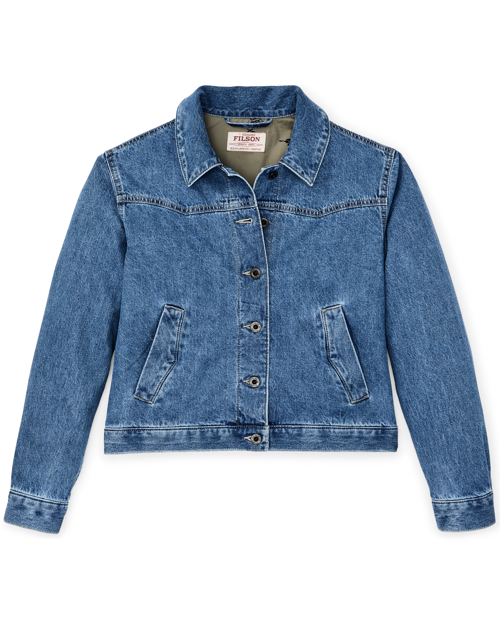 Front-facing image of the Filson Women's Western Denim Jacket - Light Indigo