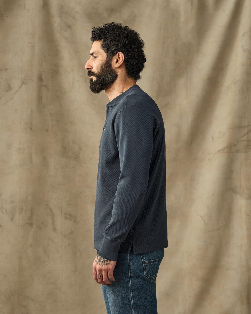 Waffle Knit Henley - Blue Mussel