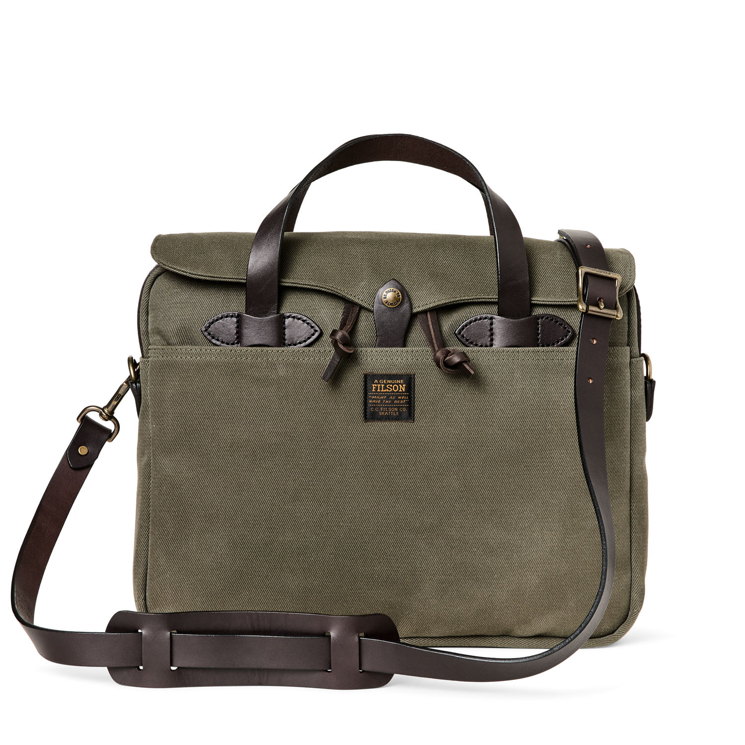 Front-facing image of the Filson Rugged Twill Original Briefcase - Otter Green