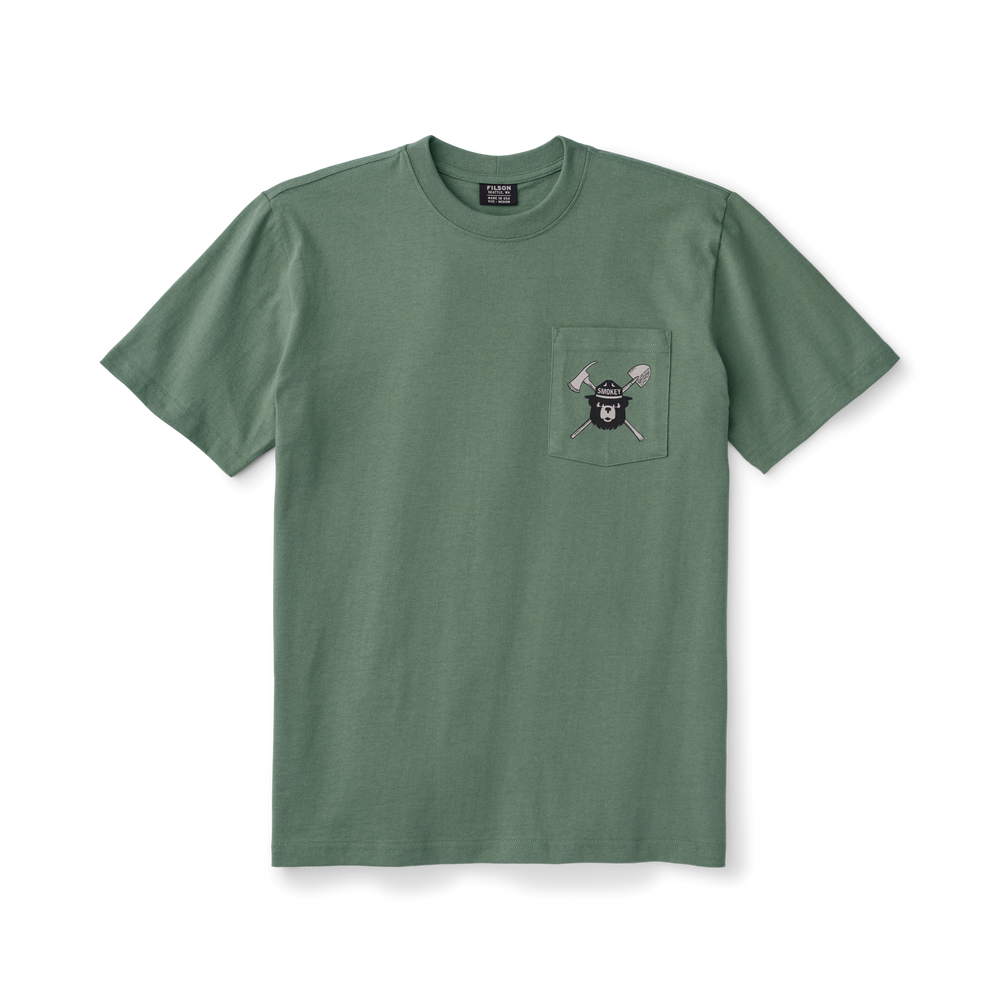 Front-facing image of the Filson Smokey Bear Pocket T-shirt - Service Green