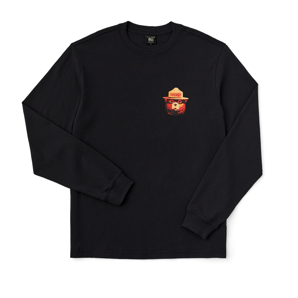 Front-facing image of the Filson Long Sleeve Smokey Bear Pioneer T-shirt - Black / Smokey If Not You