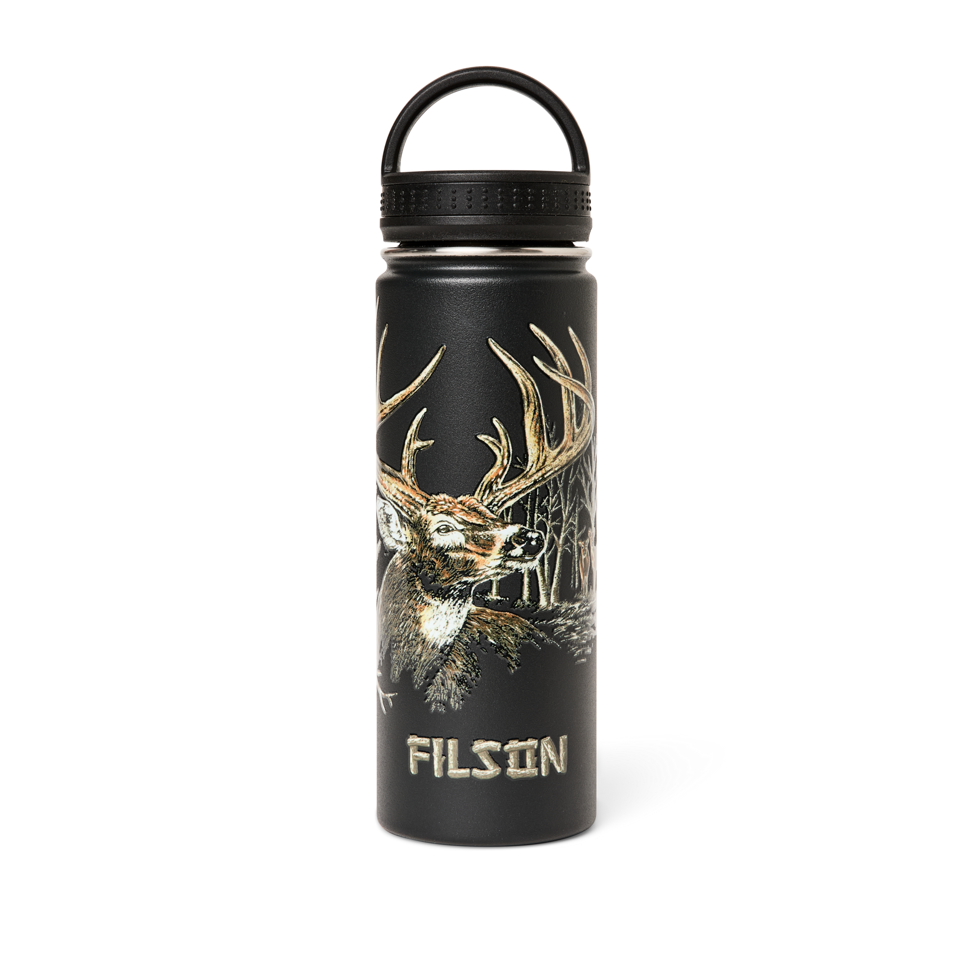Front-facing image of the Filson Insulated Water Bottle - Black / Deer Woods