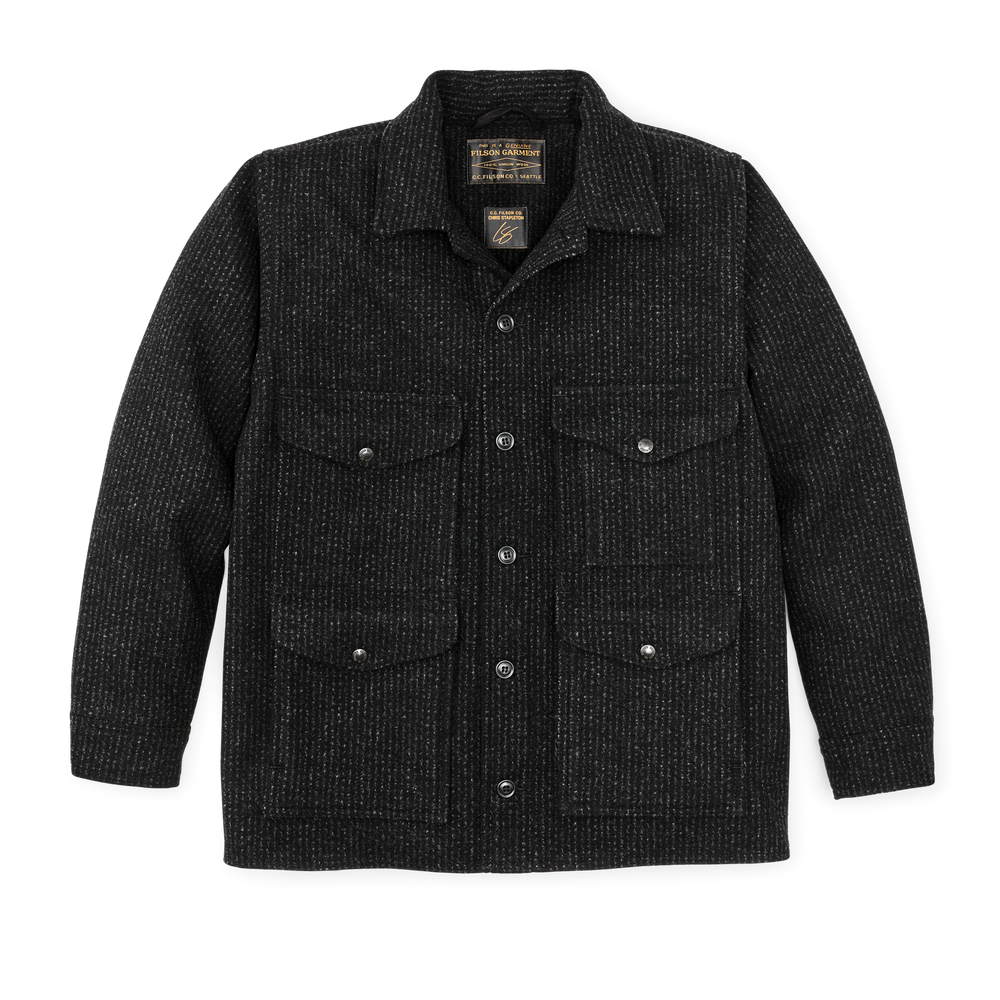 Front-facing image of the Filson Chris Stapleton Signature Mackinaw Wool Cruiser - Black Charcoal / Rope Stripe