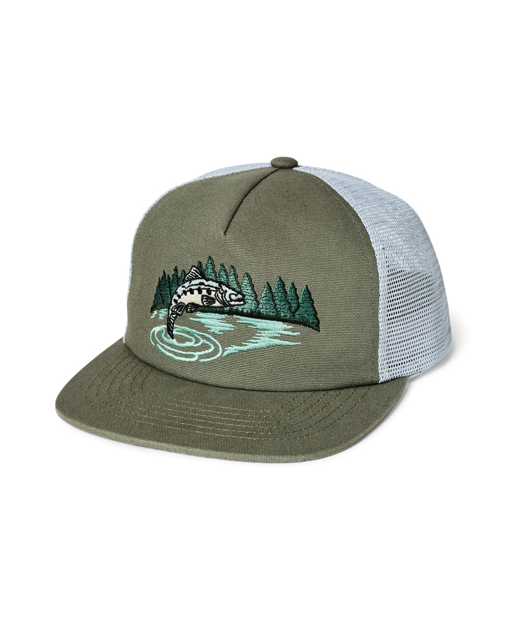 Front-facing image of the Filson Trout Trucker Mesh Cap - Dusty Pine