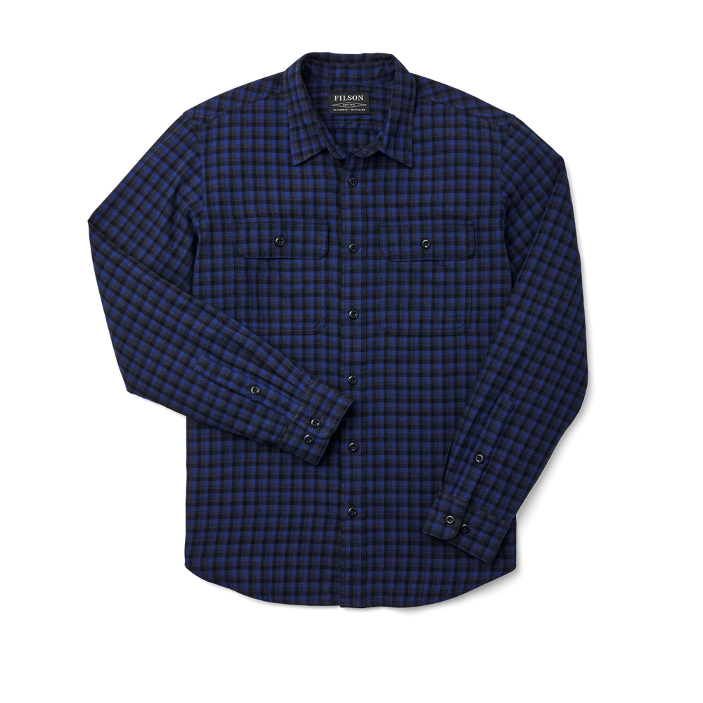 Front-facing image of the Filson Scout Shirt - Cobalt/black/heather Gray Plaid
