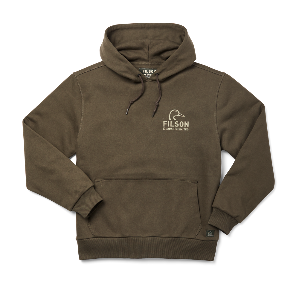 Front-facing image of the Filson Ducks Unlimited Prospector Graphic Hoodie - Root / Du Shield