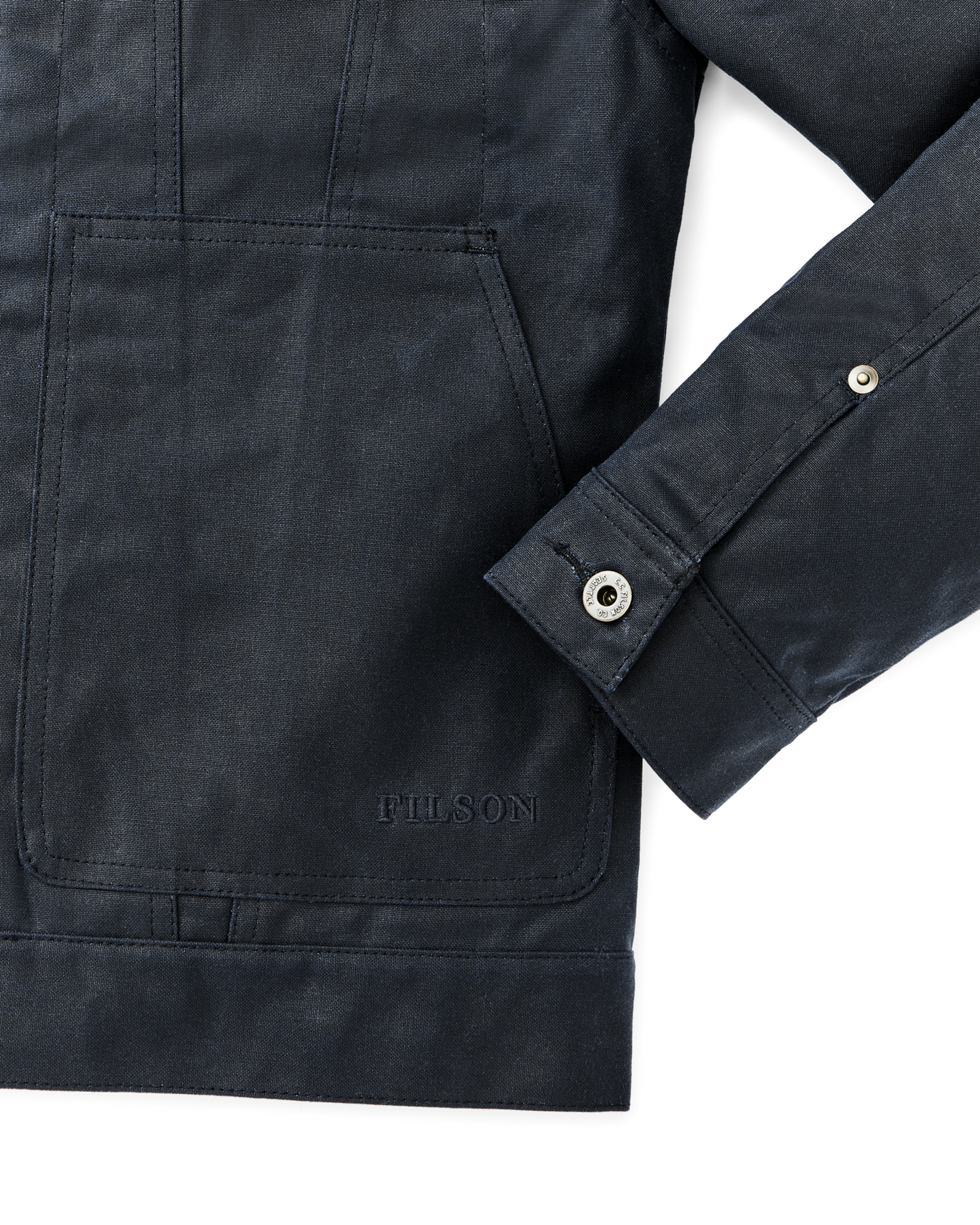 Alternate view of the Filson Tin Cloth Short Lined Cruiser Jacket - Service Blue|Hand, slotted-utility and flapped chest pockets