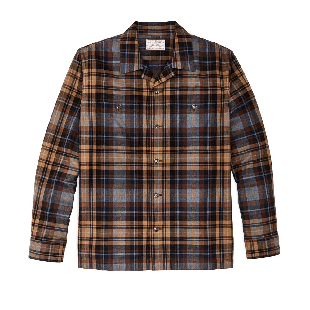 Front-facing image of the Filson Elk Heights Camp Shirt - Brown Oak / Heather Blue