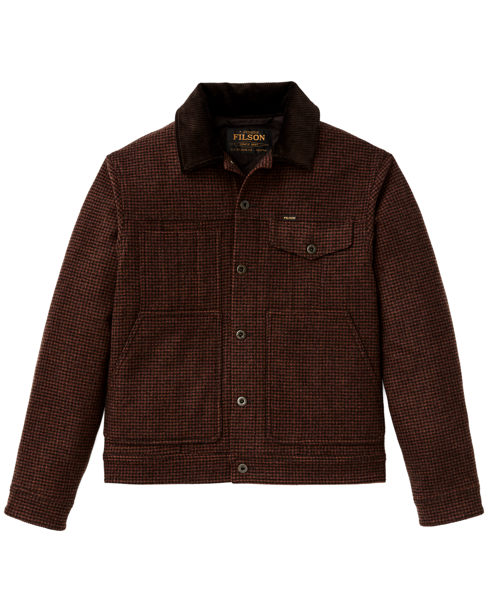 Front-facing image of the Filson Spokane Insulated Short Cruiser - Merlot / Black Plaid