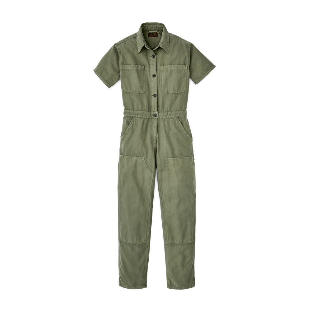 Front-facing image of the Filson Women's Field Short Sleeve Coverall - Army Green