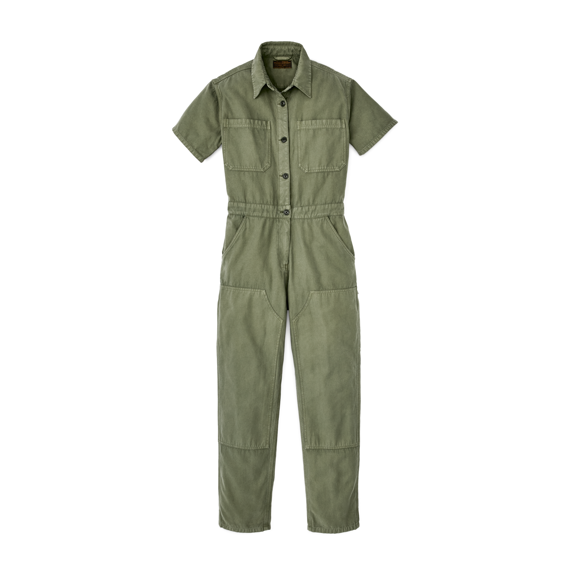 Front-facing image of the Filson Women's Field Short Sleeve Coverall - Army Green