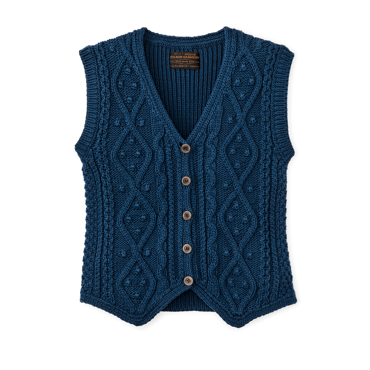 Front-facing image of the Filson Women's Rustic Cable Knit Vest - Deep Blue