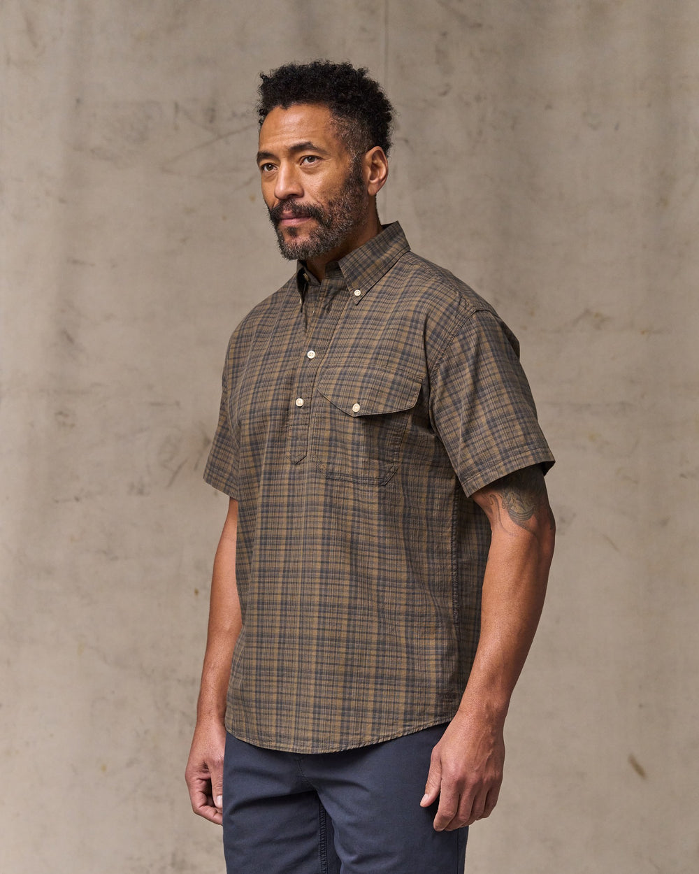 Short Sleeve Madras Popover Shirt - Brown / Olive Plaid