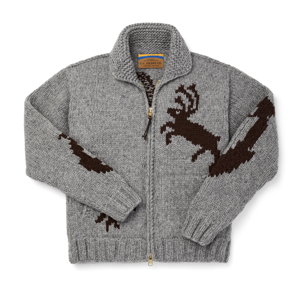 Front-facing image of the Filson Arctic Handmade Sweater - Light Gray/dark Brown (fisherman)