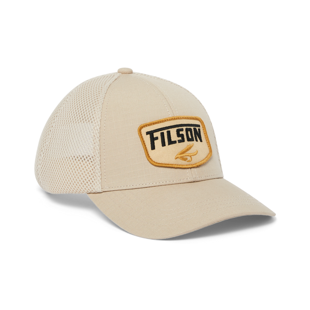 Front-facing image of the Filson Mesh Logger Cap - Stone