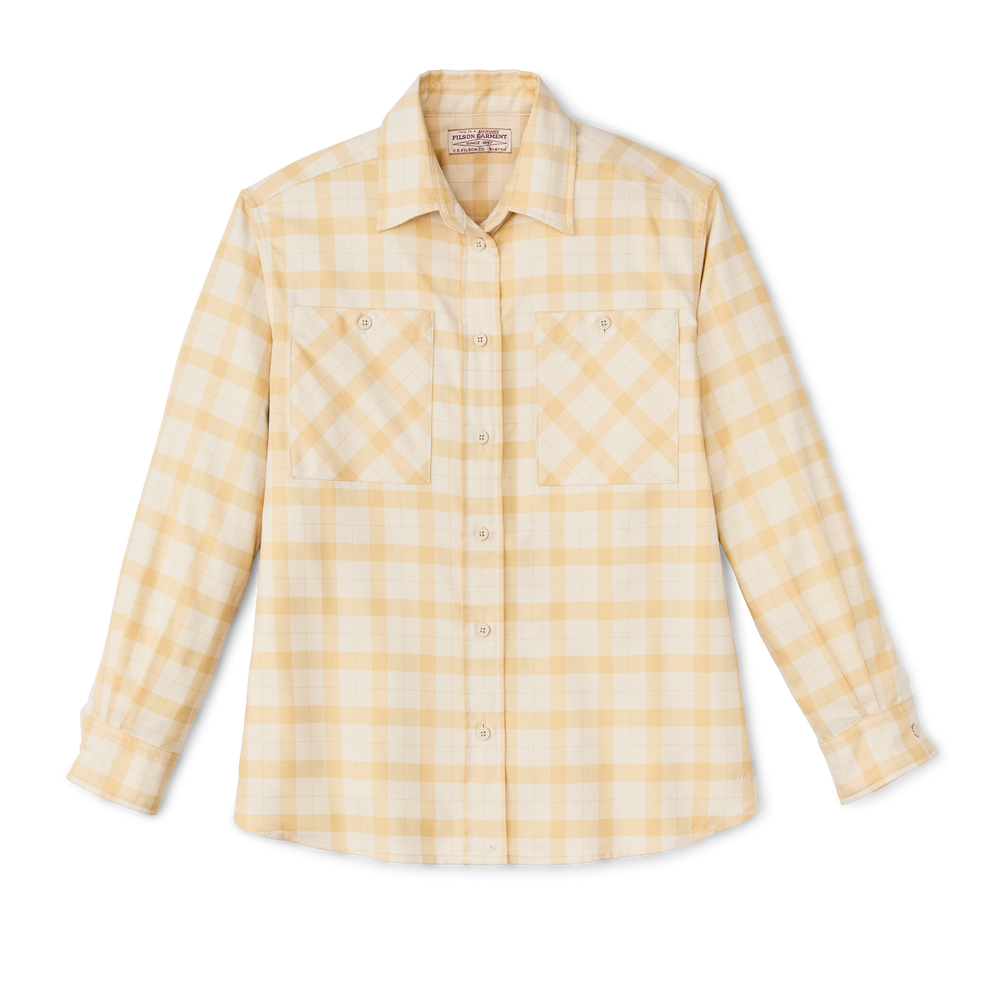 Front-facing image of the Filson Women's Light Weight Alaskan Guide Shirt - Ivory / Straw Plaid