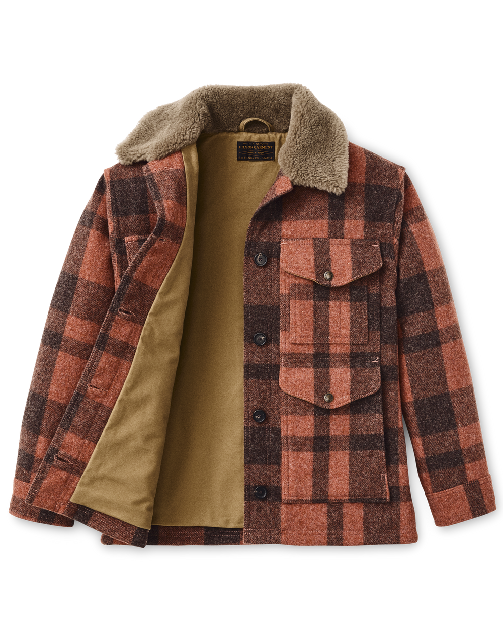 Women's Mackinaw Wool Shearling Cruiser Jacket - Rusty Pink / Dark Brown Plaid