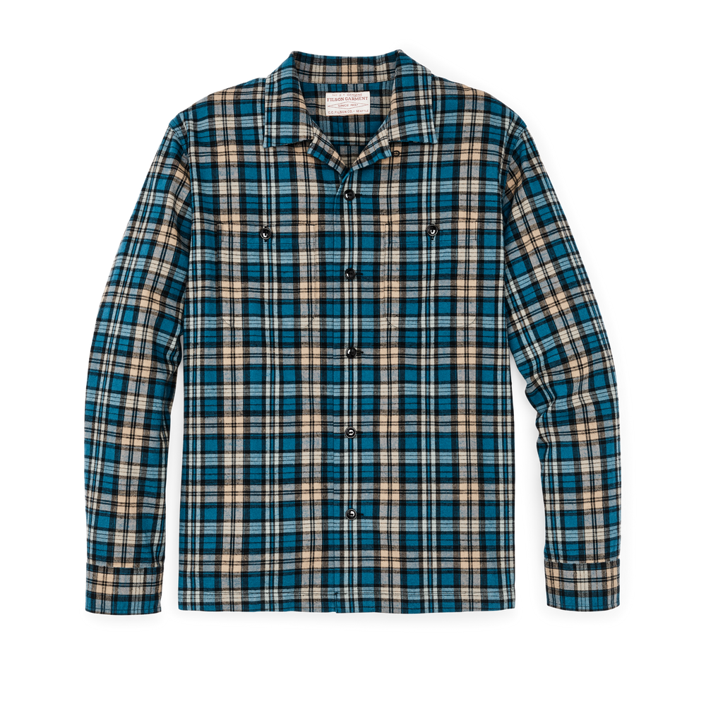 Front-facing image of the Filson Elk Heights Camp Shirt - Blue / Black / Khaki Plaid