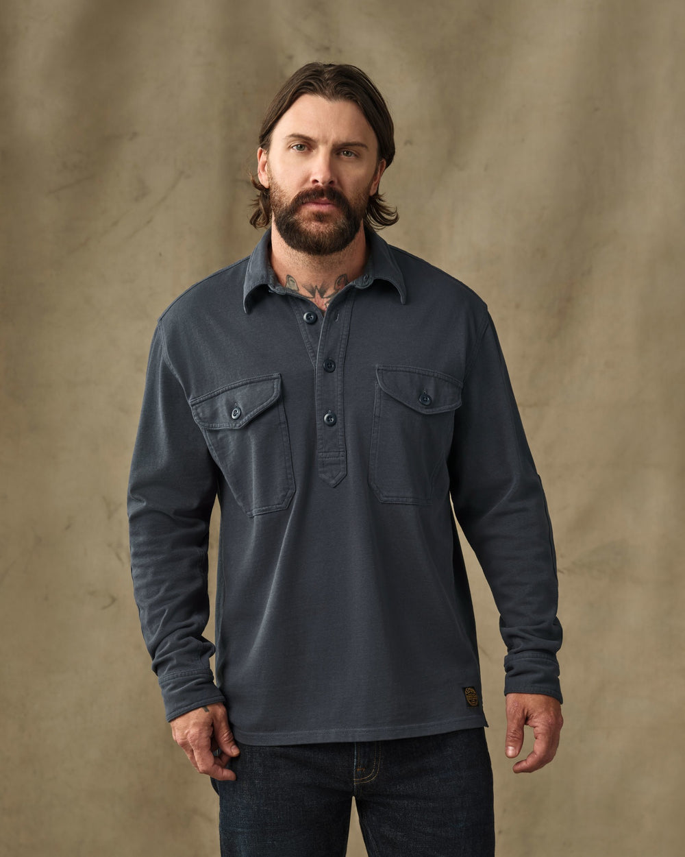 image of a model wearing Filson's Field Knit Pullover Shirt - Bluefin