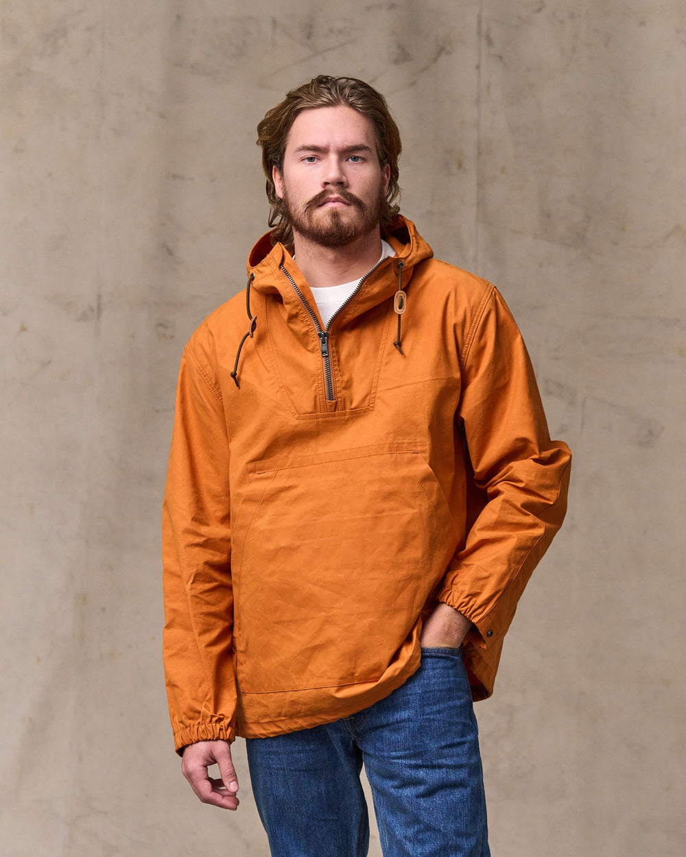 image of a model wearing Filson's Dry Wax Anorak - Larch Gold