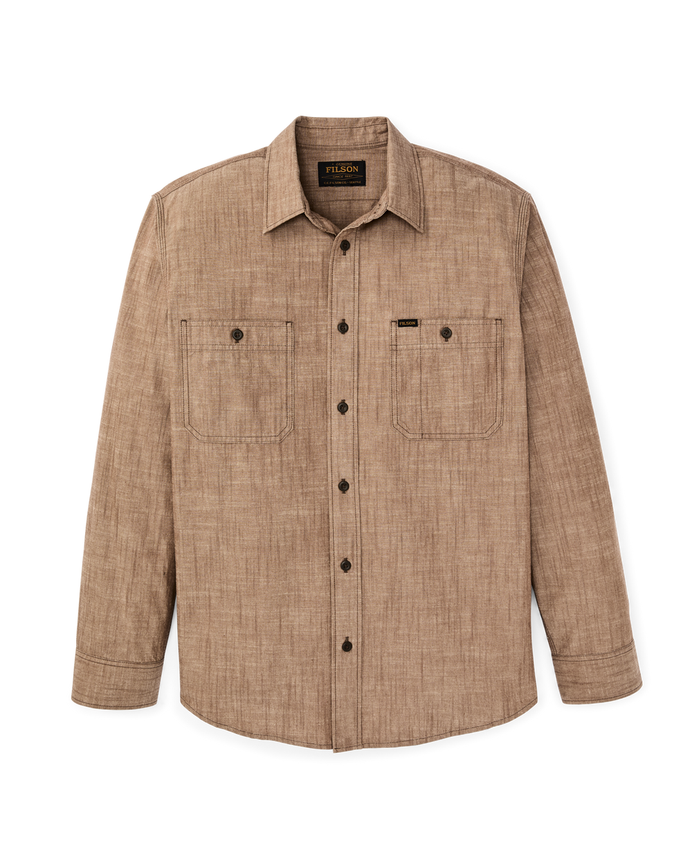 Front-facing image of the Filson Chambray CPO Shirt - Dark Tan