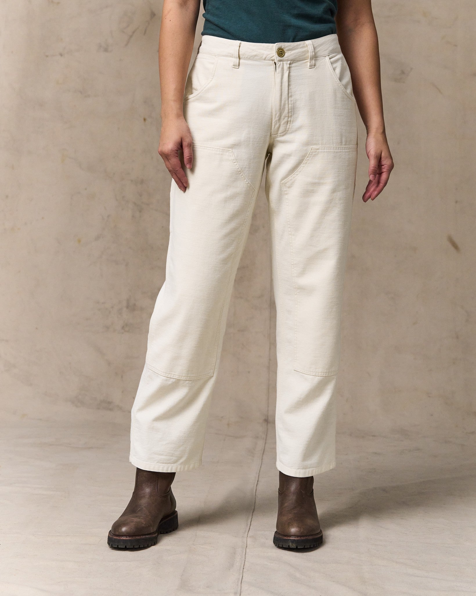 image of a model wearing Filson's Women's Reverse Sateen Double Front Pants - Natural Seed