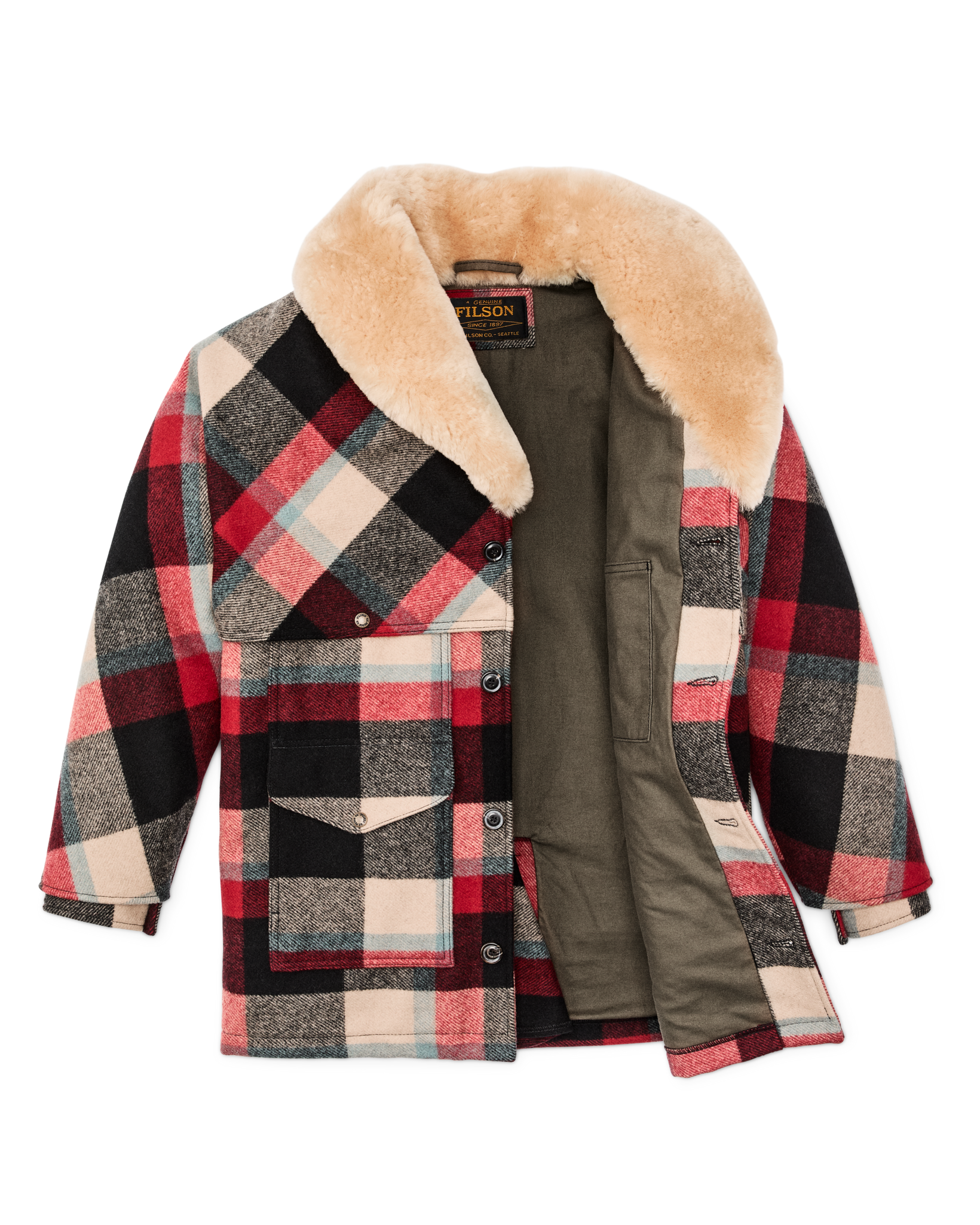 Lined Mackinaw Wool Packer Coat - Red / Cream / Blue Plaid | Filson Lined Mackinaw Wool Packer Coat - Red / Cream / Blue Plaid | Filson