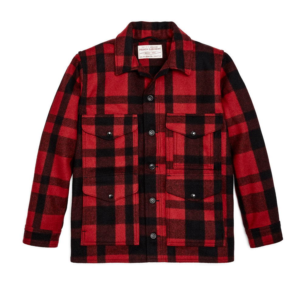 Front-facing image of the Filson Filson Hockey Mackinaw Wool Cruiser - Red / Black Plaid