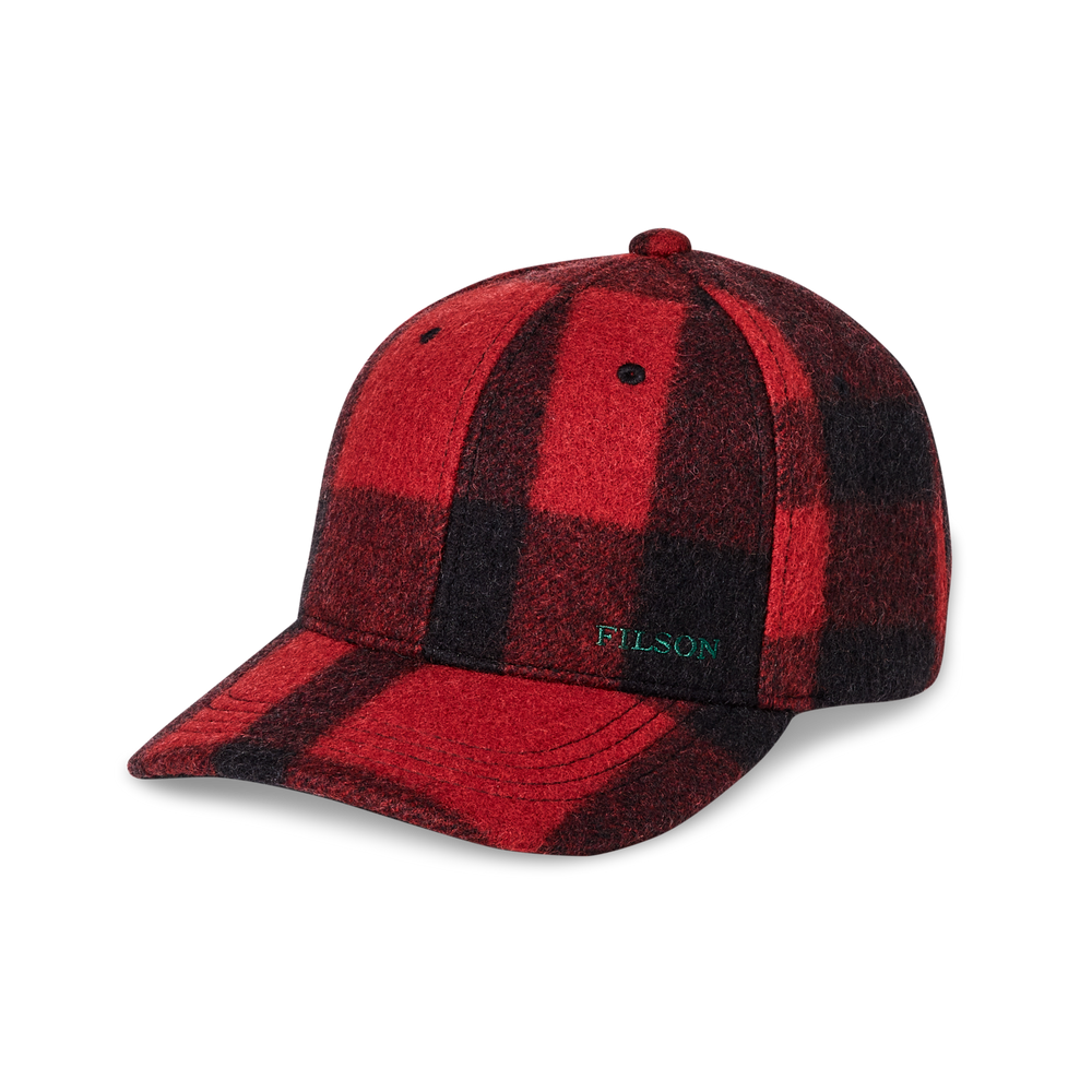 Front-facing image of the Filson Wool Logger Cap - Red / Black Heritage Plaid