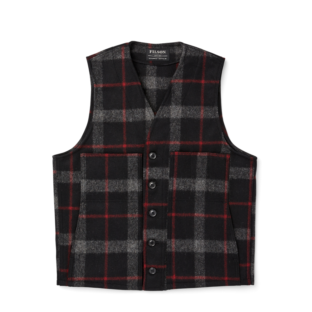 Front-facing image of the Filson Mackinaw Wool Vest - Gray / Black / Red / Plaid