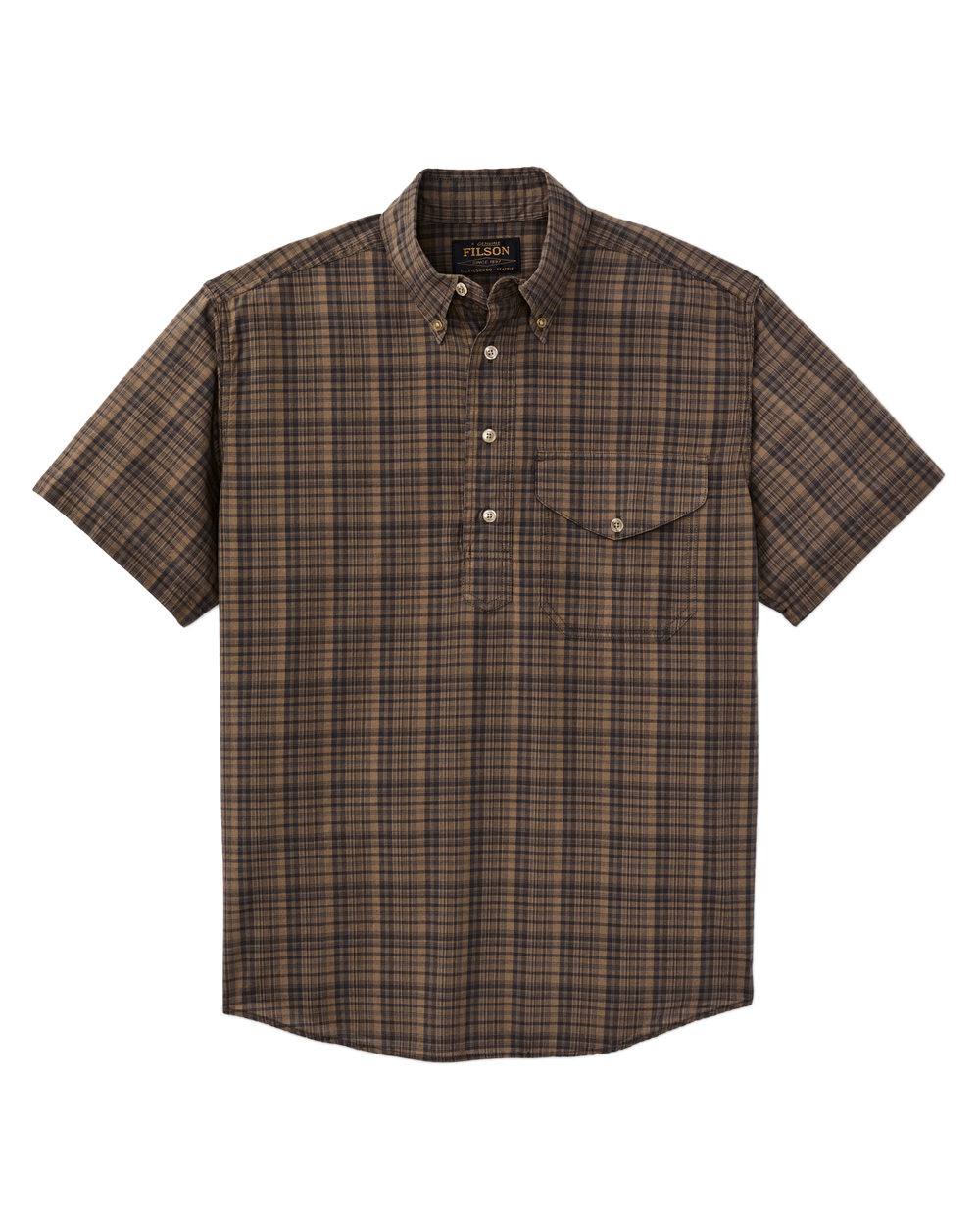 Short Sleeve Madras Popover Shirt - Brown / Olive Plaid