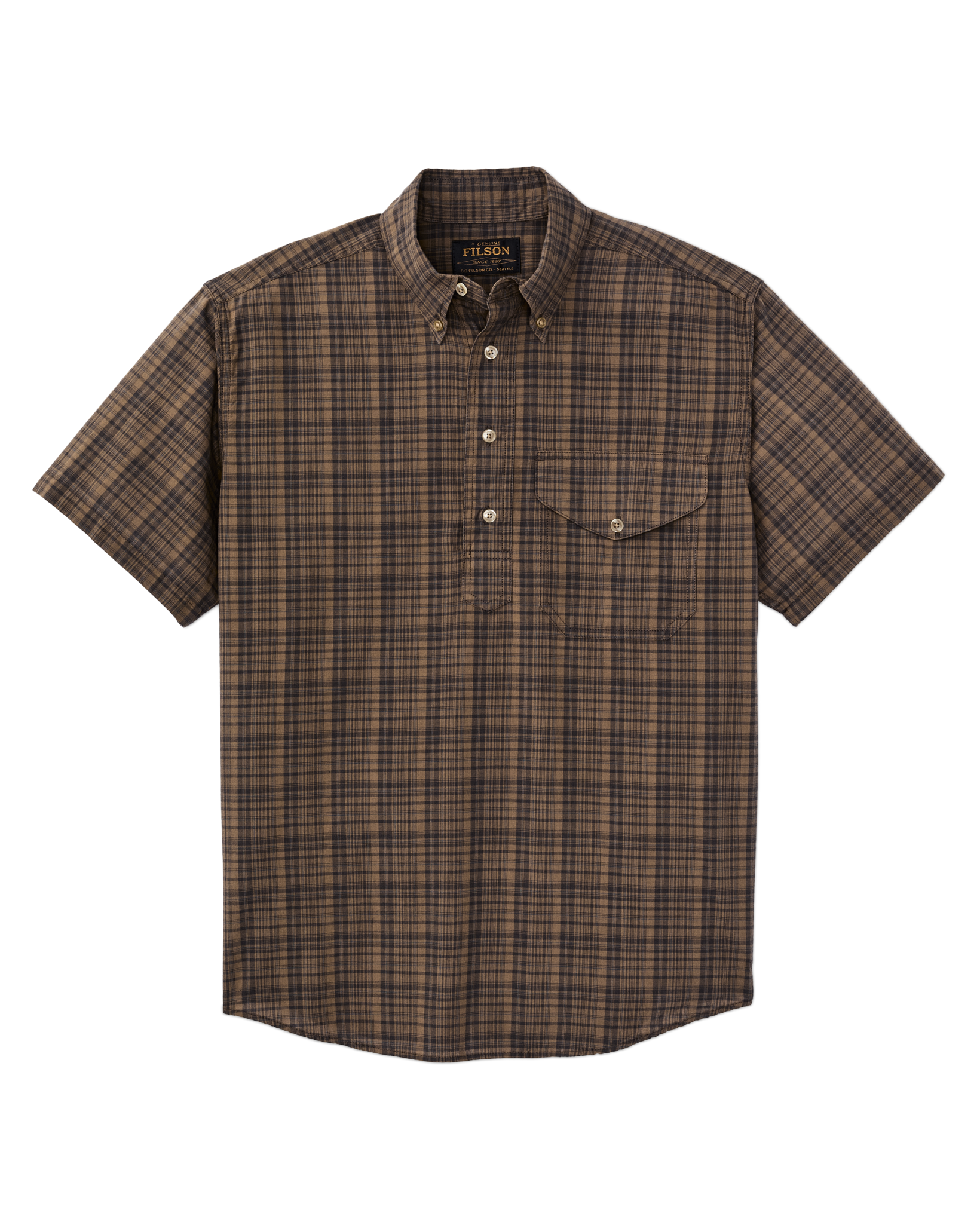 Short Sleeve Madras Popover Shirt - Brown / Olive Plaid