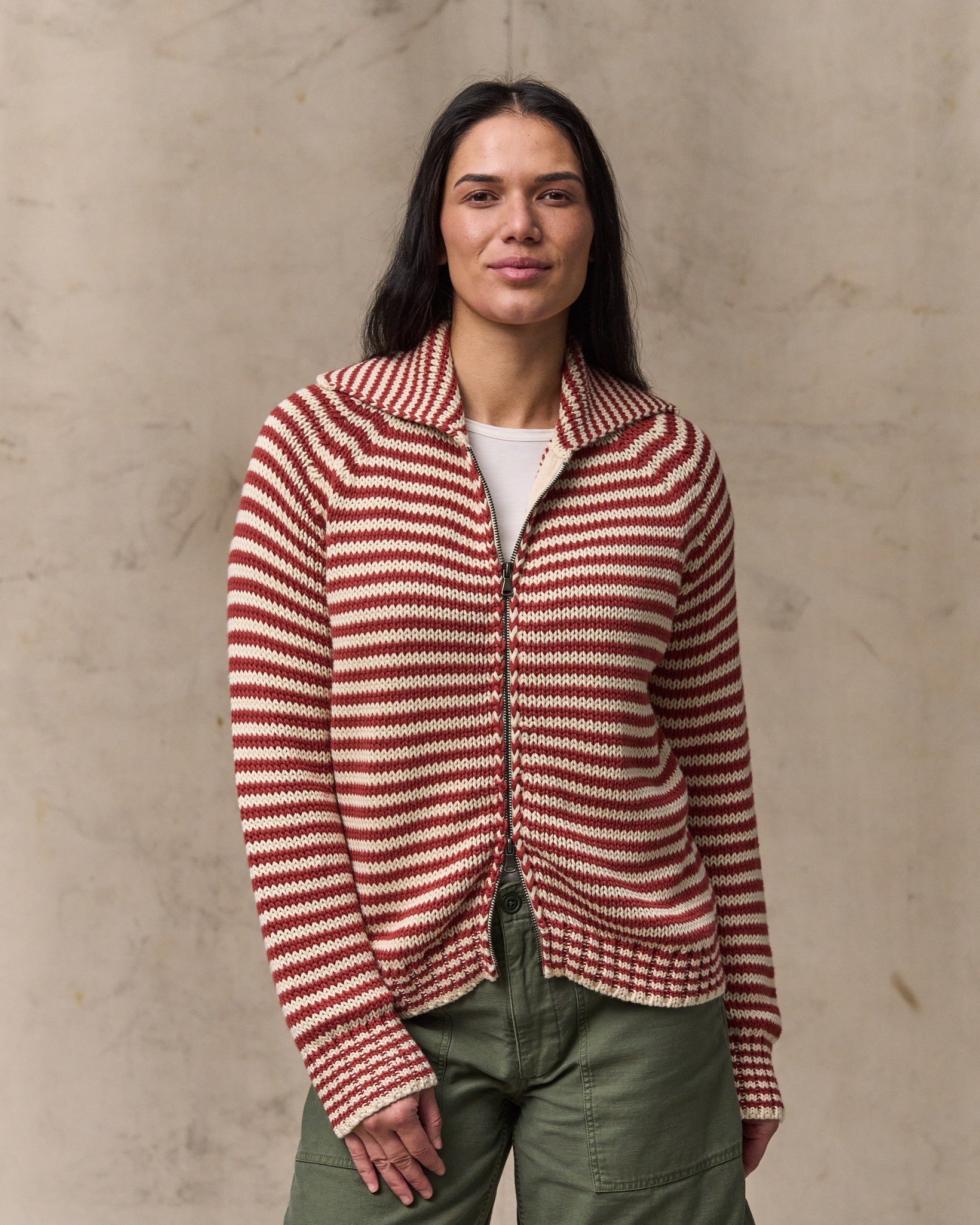 Women's Cotton Full-zip Cardigan - Brick / Sand Stripe | Filson
