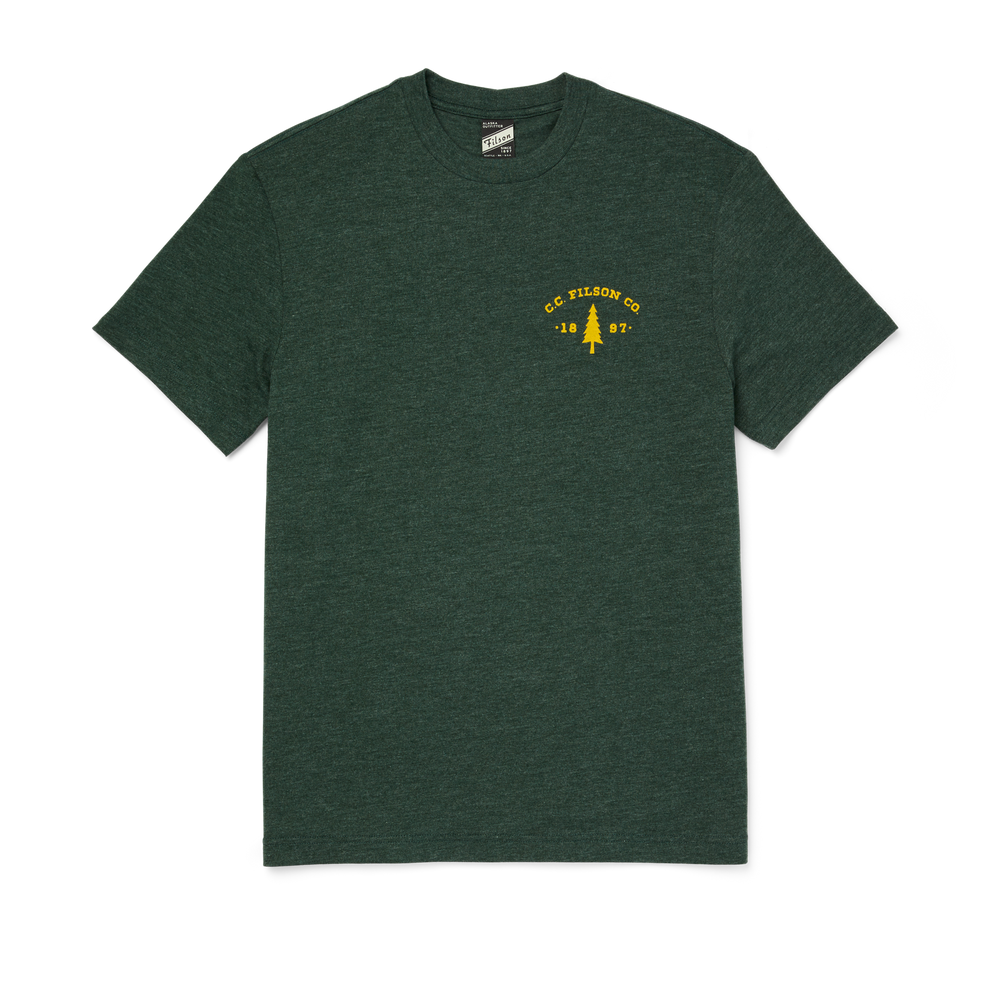 Front-facing image of the Filson Buckshot T-shirt - Dark Green Heather / Tree