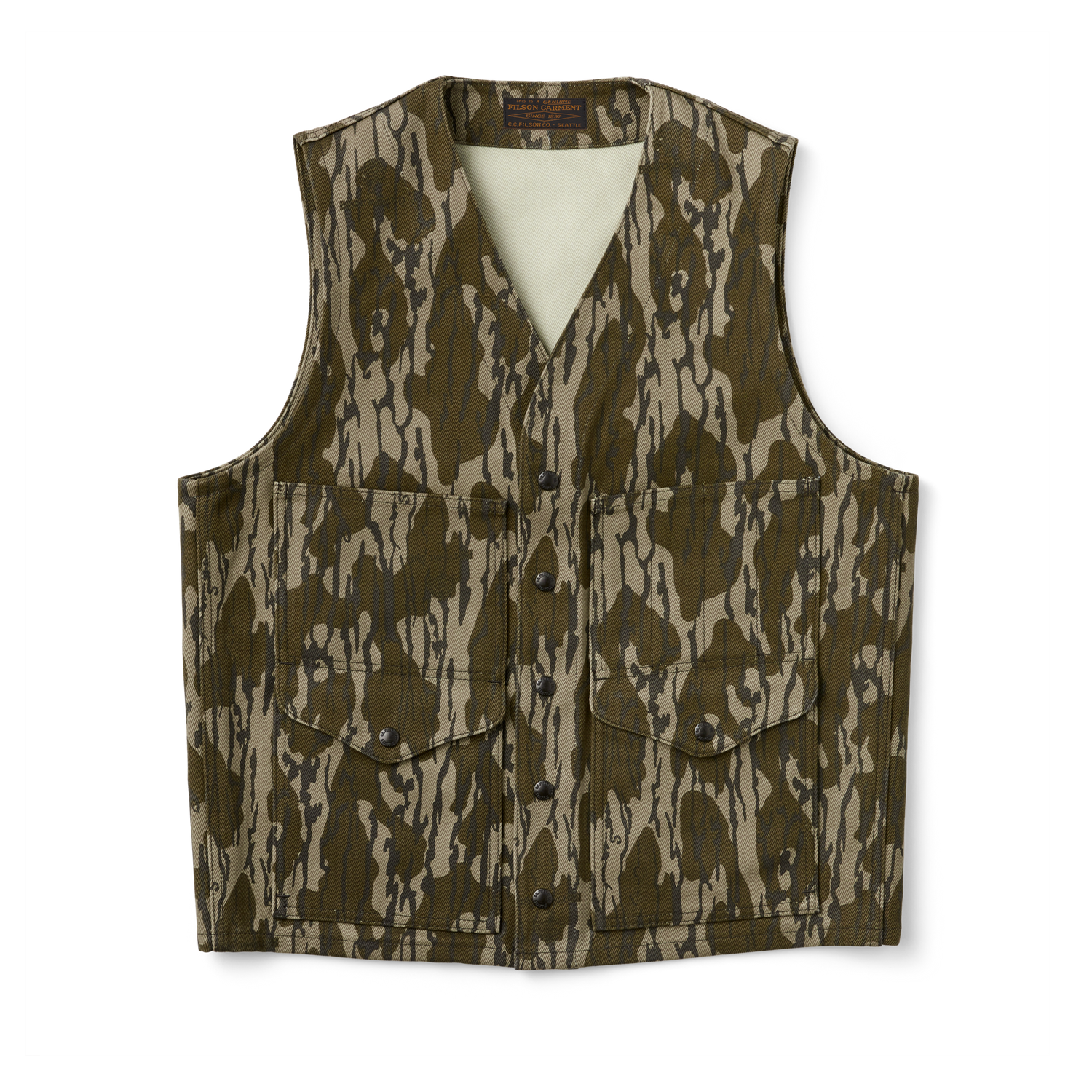 Front-facing image of the Filson Rugged Twill Cruiser Vest - Mossy Oak Bottomland