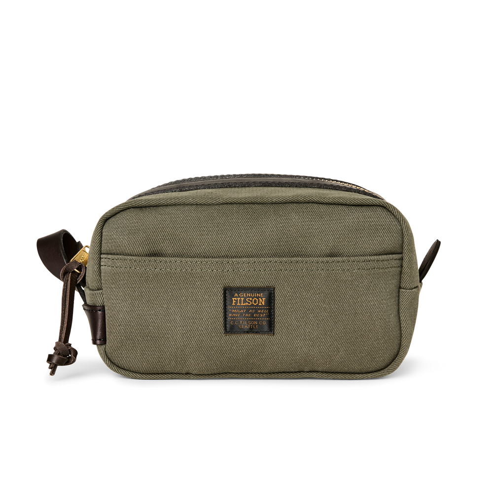 Front-facing image of the Filson Rugged Twill Travel Kit - Otter Green