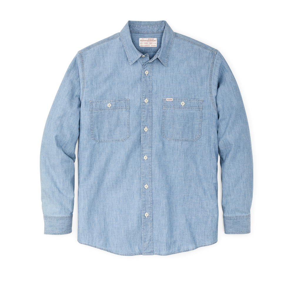 Front-facing image of the Filson Chambray Cpo Shirt - Light Indigo Chambray