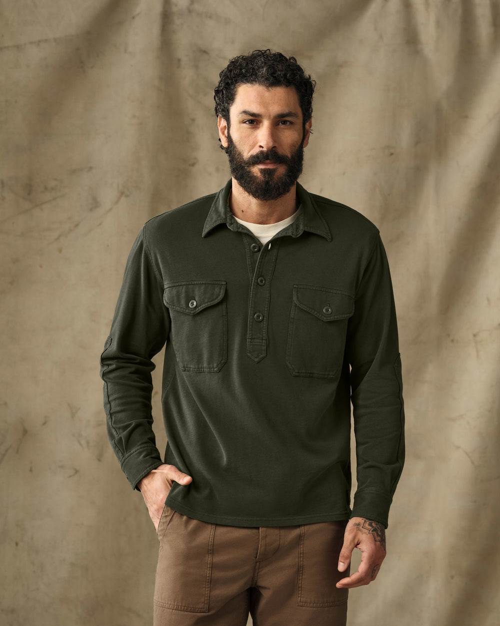 image of a model wearing Filson's Field Knit Pullover Shirt - Dark Timber