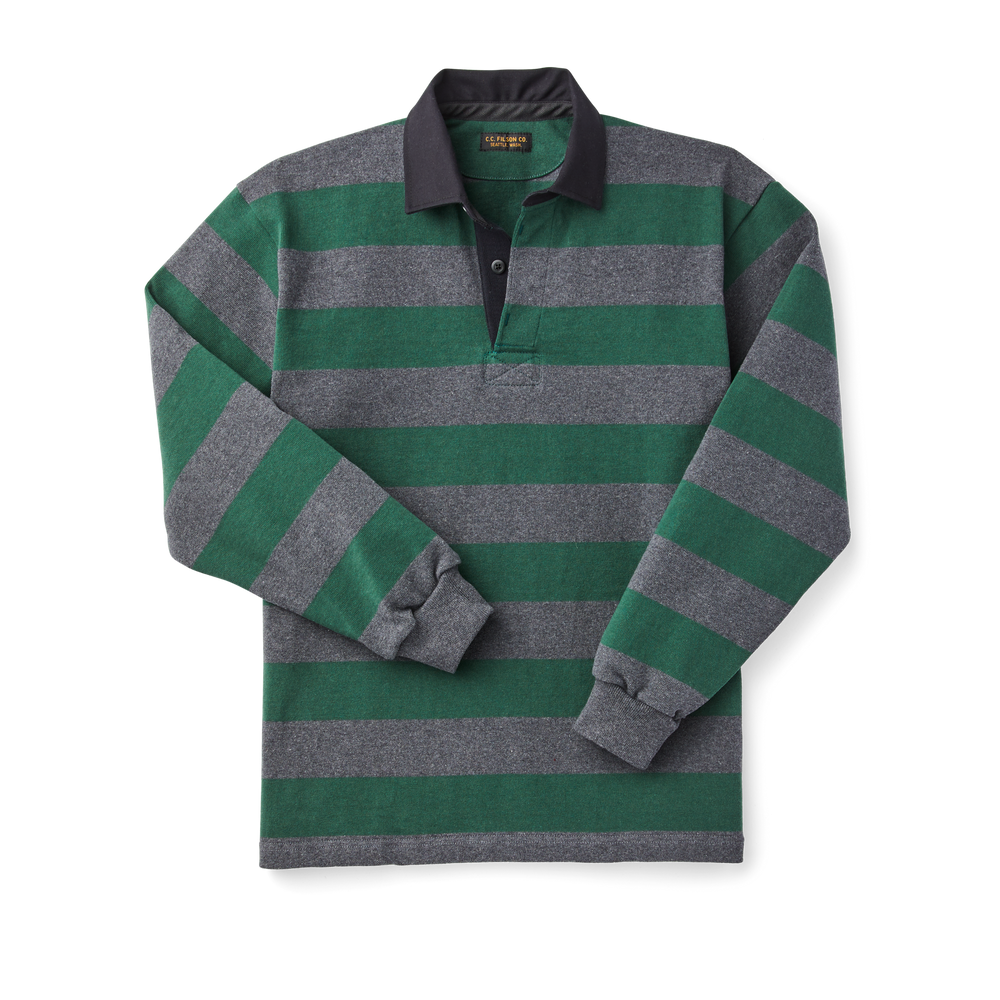 Front-facing image of the Filson Striped Pro Rugby Shirt - Green/grey Heather