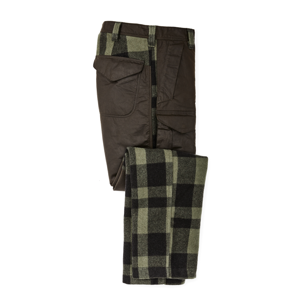 Front-facing image of the Filson Mackinaw Wool Hunting Pants - Otter Green / Black Heritage Plaid X